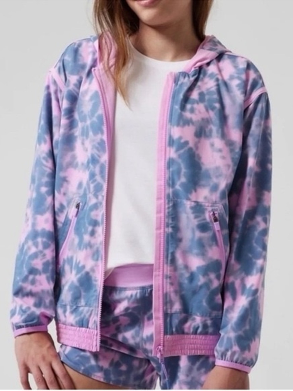 Athleta Happy Go Lucky Pink & Blue Tie-Dye Hooded Zip Jacket Size L